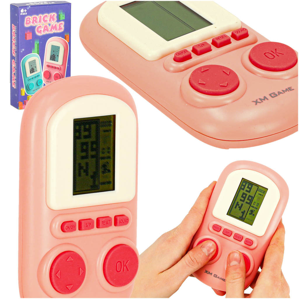 Gra-elektroniczna-zrecznosciowa-konsola-przenosna-rozowy-163482 Elektroninis arkadinis žaidimas mini konsolė nešiojamas kišeninis tetris rožinis