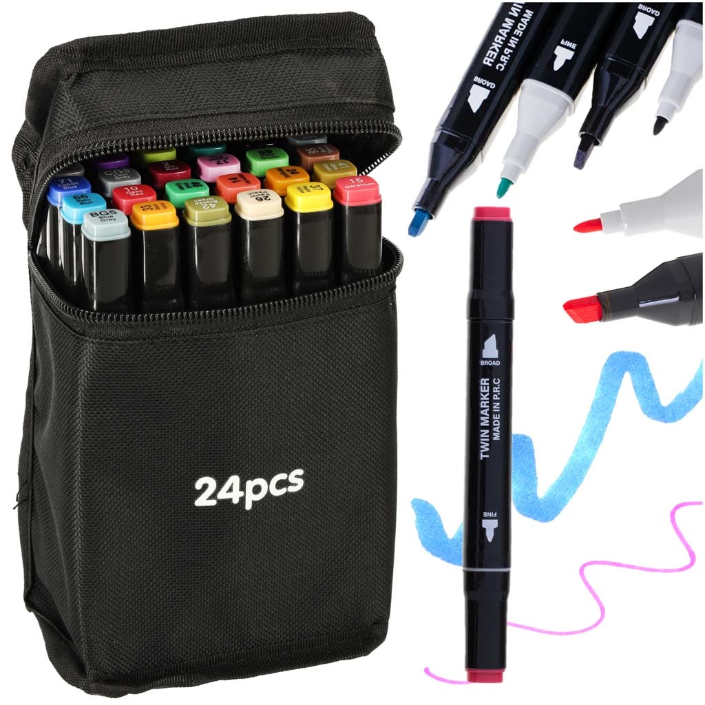 Markery-dwustronne-alkoholowe-w-etui-24-podstawka-141455 Dvipusiai alkoholiniai žymekliai dėkle 24 + stovas
